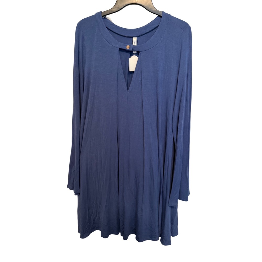 Emerald USA Blue Long Sleeve Keyhole Casual Tunic Dress Women's 1X Stretchy